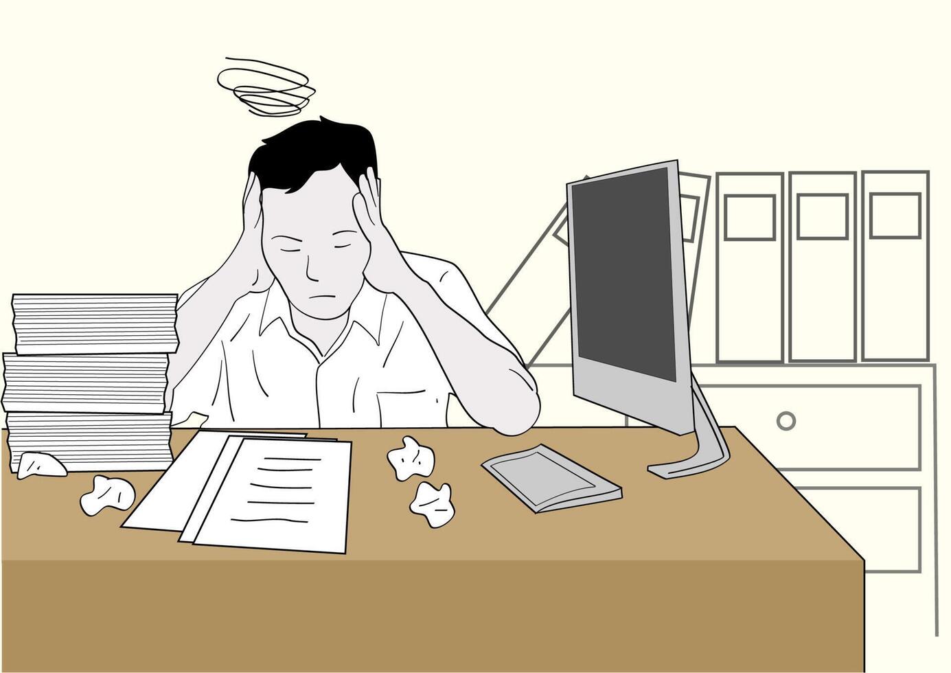 A dizzy man thinking about his job at the office desk. Hand drawn style vector design illustrations