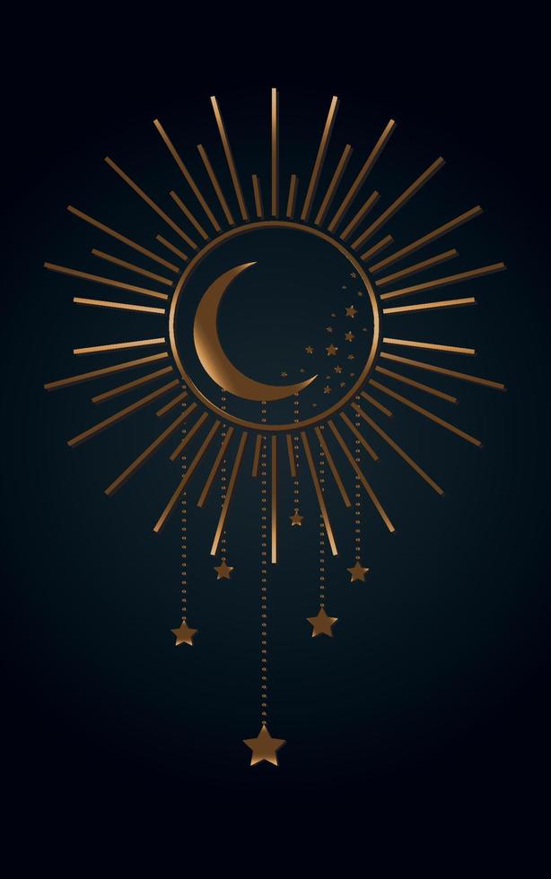 icono de sol, luna y estrellas, bruja boho y símbolo mágico. signo de arte místico, emblema de lujo dorado. ilustración vectorial aislada en fondo negro, estilo plano para diseño gráfico y web, logotipo, pegatina vector