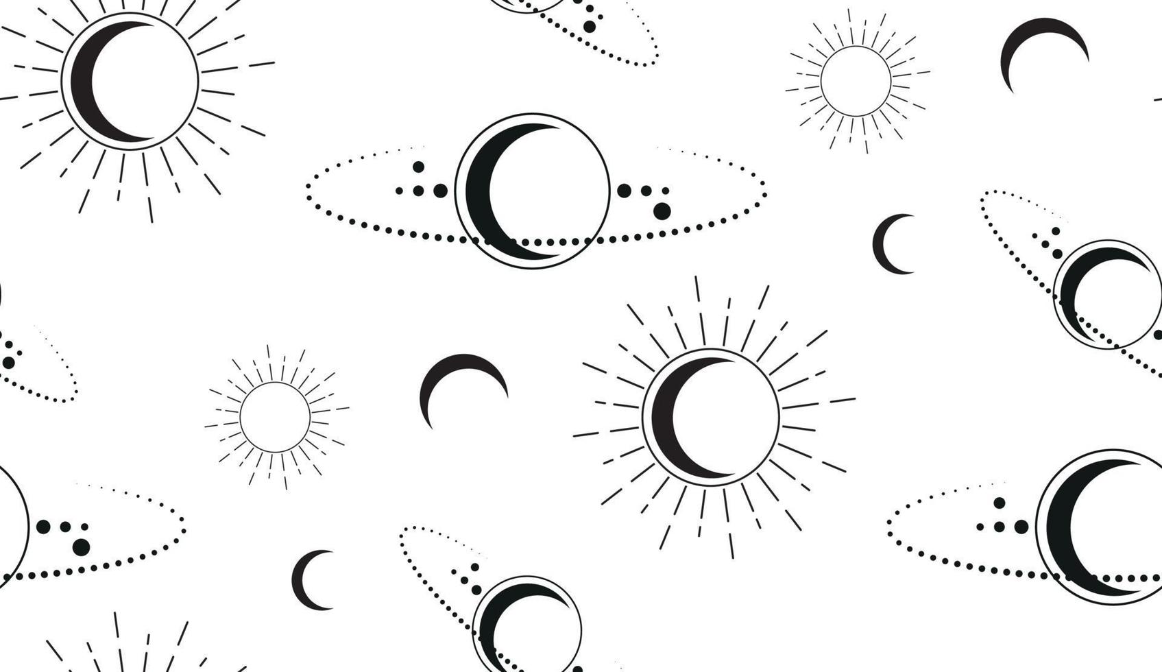 Seamless Space Mystical Sacred geometry. Moon, sun, stars, orbits. Crescent Moon magic pagan Wicca goddess symbol. Alchemy, esoteric, occultism. Vector black  illustration isolated on white background