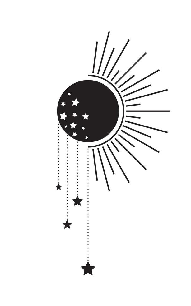 luna llena negra y sol con icono de estrellas, bruja boho y símbolo mágico. signo de arte místico, emblema de tatuaje negro. ilustración vectorial aislada en fondo blanco, estilo plano, gráfico, diseño web, logotipo vector