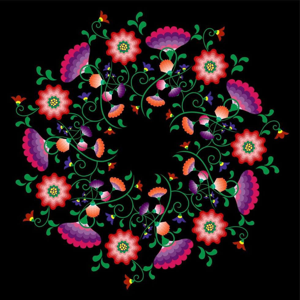 Embroidery mandala flowers folk pattern with Polish and Mexican influence. Trendy ethnic decorative traditional floral round frame design, for fashion, interior, stationery. Vector isolated on black