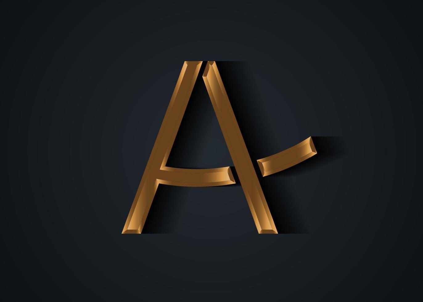 letter A stylized 3d golden symbol with shadow, gold minimal logo design template. Vector letter icon isolated on black background