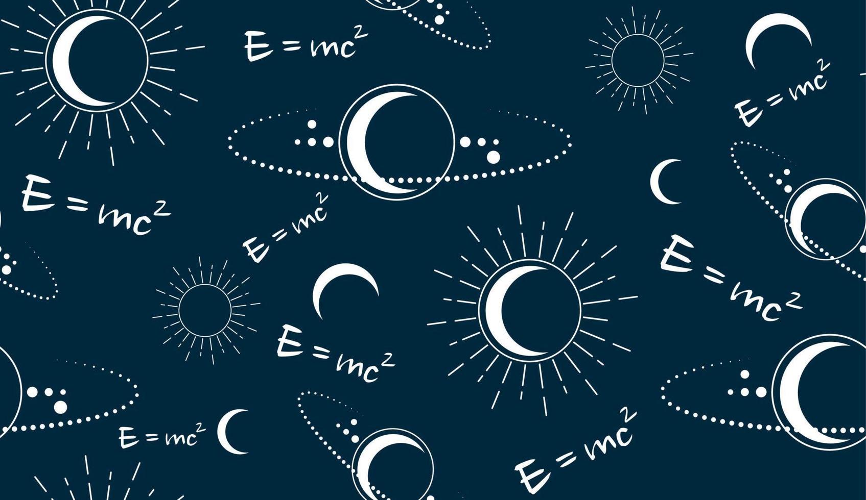 Space vector seamless pattern with physical speed of light formula E MC2. Moon, sun, stars, orbits, Planes. Magic pagan Wicca symbol. Vector Alchemy, esoteric, occultism, navy blue background