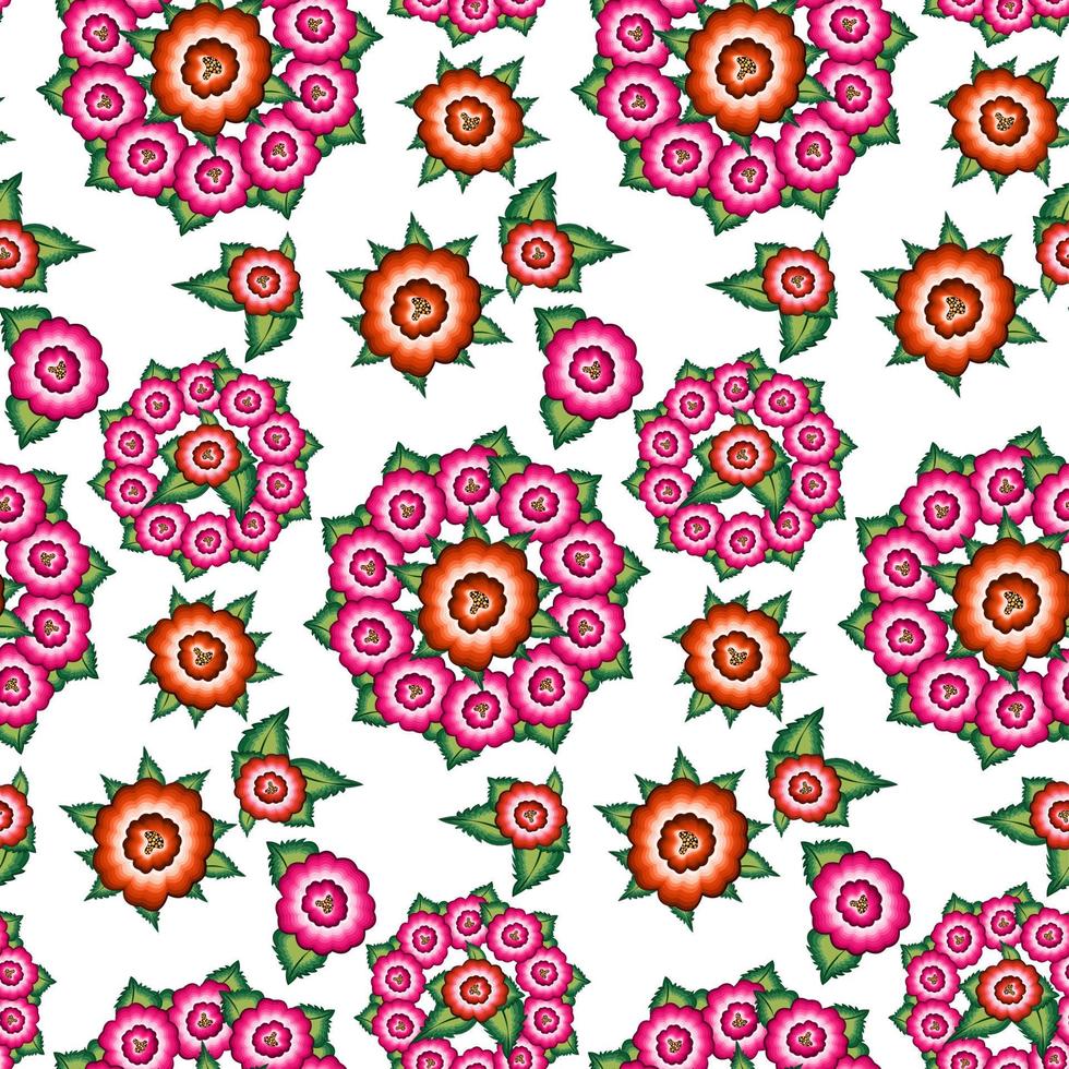 Seamless Mexican floral embroidery pattern, ethnic colorful Mandala native flowers folk fashion design. Embroidered Traditional Textile Style of Mexico, vector isolated on black background