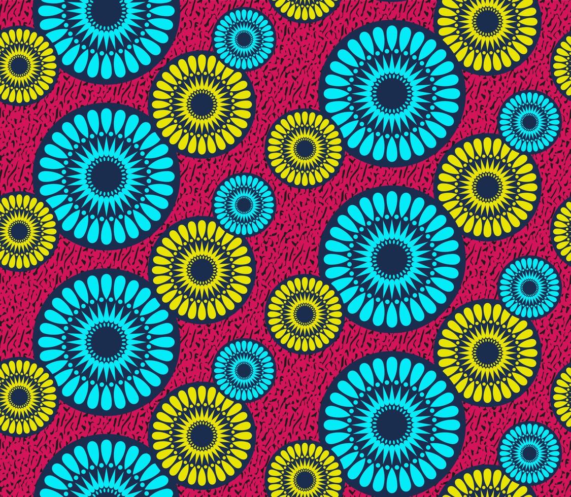 tela de impresión de cera africana sin costuras, adornos étnicos hechos a mano para su diseño, flores étnicas afro y elementos geométricos de motivos tribales. textura de vector, estilo de moda de ankara textil colorido de áfrica vector