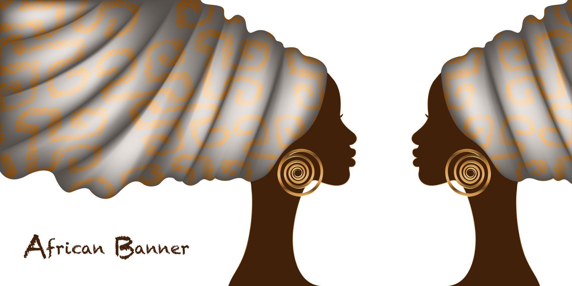pancarta de mujeres africanas con turbante estampado de cera de moda, belleza de dos gemelos. retrato de mujer negra peinados afro, concepto de vestido de pelo. plantilla étnica de áfrica aislada sobre fondo blanco vector