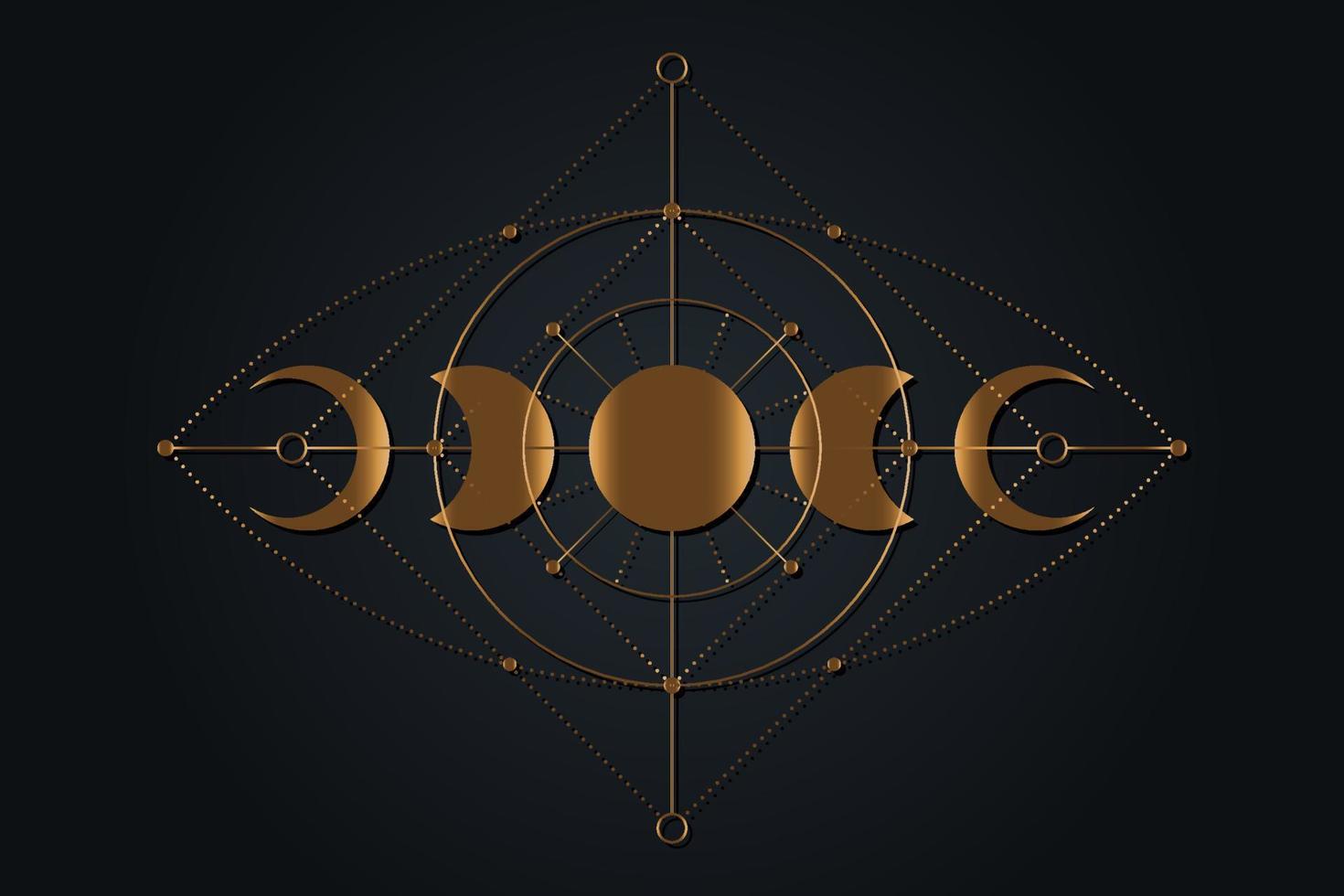 Iconos de las fases lunares mágicas celestiales, geometría sagrada, concepto místico del ojo de la providencia, ojo que todo lo ve de la alquimia, tatuaje del logo dorado, vector de estilo boho aislado en fondo negro