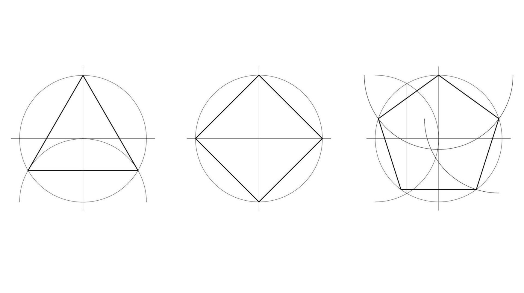 geometry lesson, technical geometric construction of a equilateral triangle, square and pentagon, two-dimensional shapes geometric drawing in black lines, vector isolated on white background