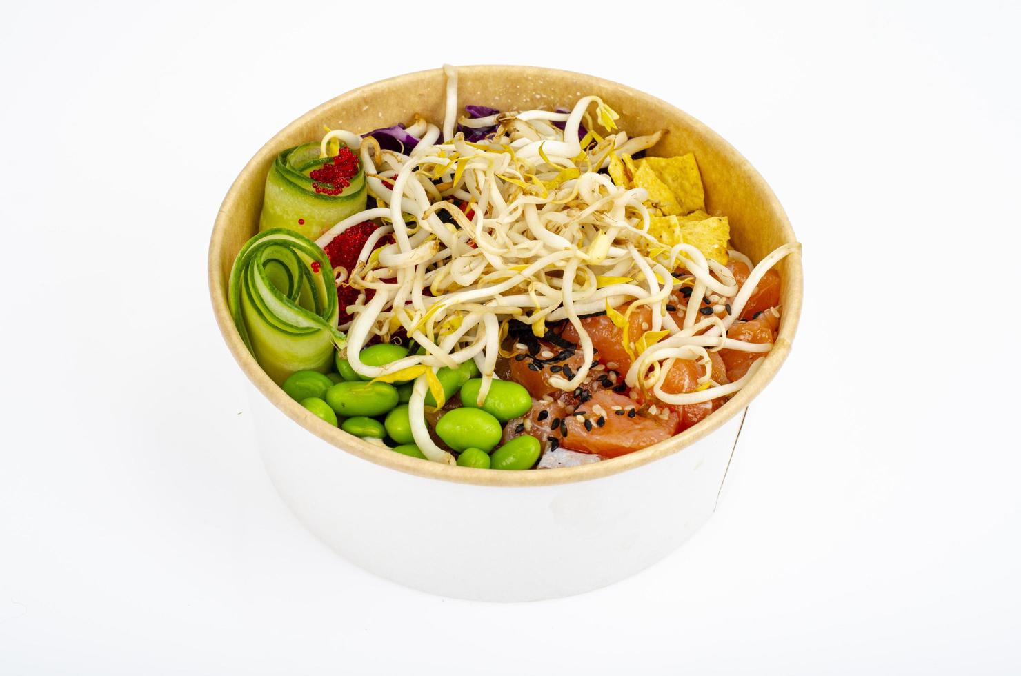 Traditional Hawaiian dish of fresh salmon, rice, vegetables and fruits. Studio Photo