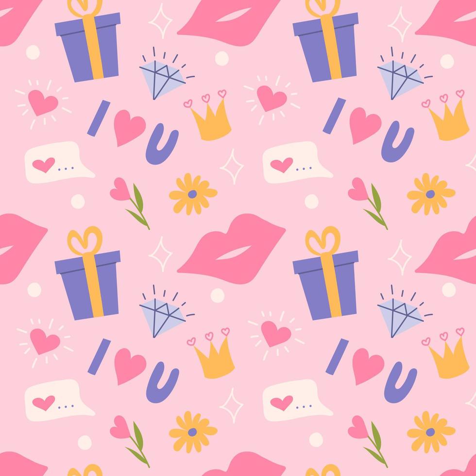 Valentines Day, love elements on pink background, vector seamless pattern in flat style