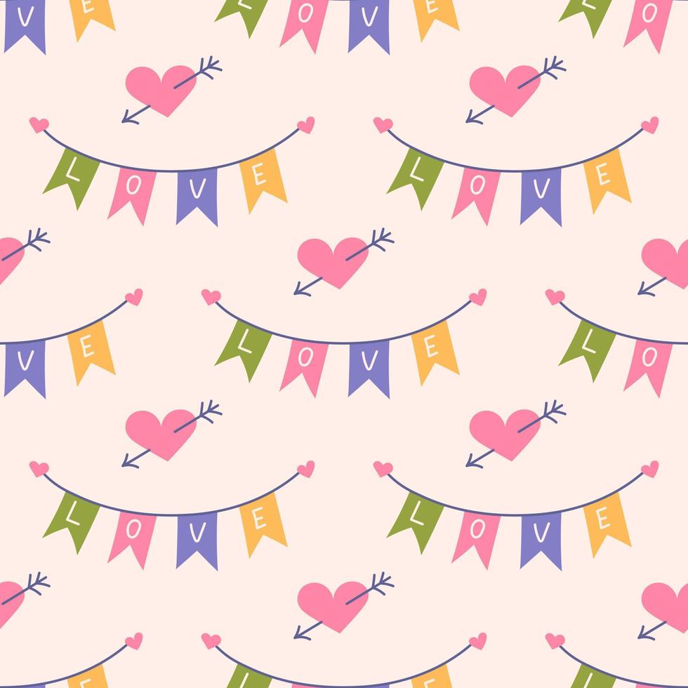 Heart with an arrow and garland with the inscription Love. Vector seamless pattern for Valentines Day