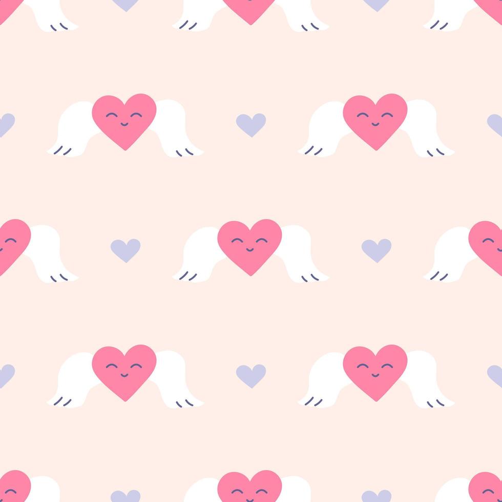 Heart with angel wings, vector seamless pattern in flat style