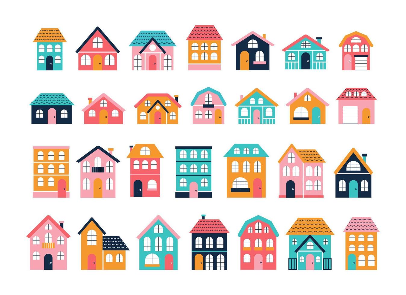 Big set of colorful houses, small town, exterior facade of small town. Vector flat illustration