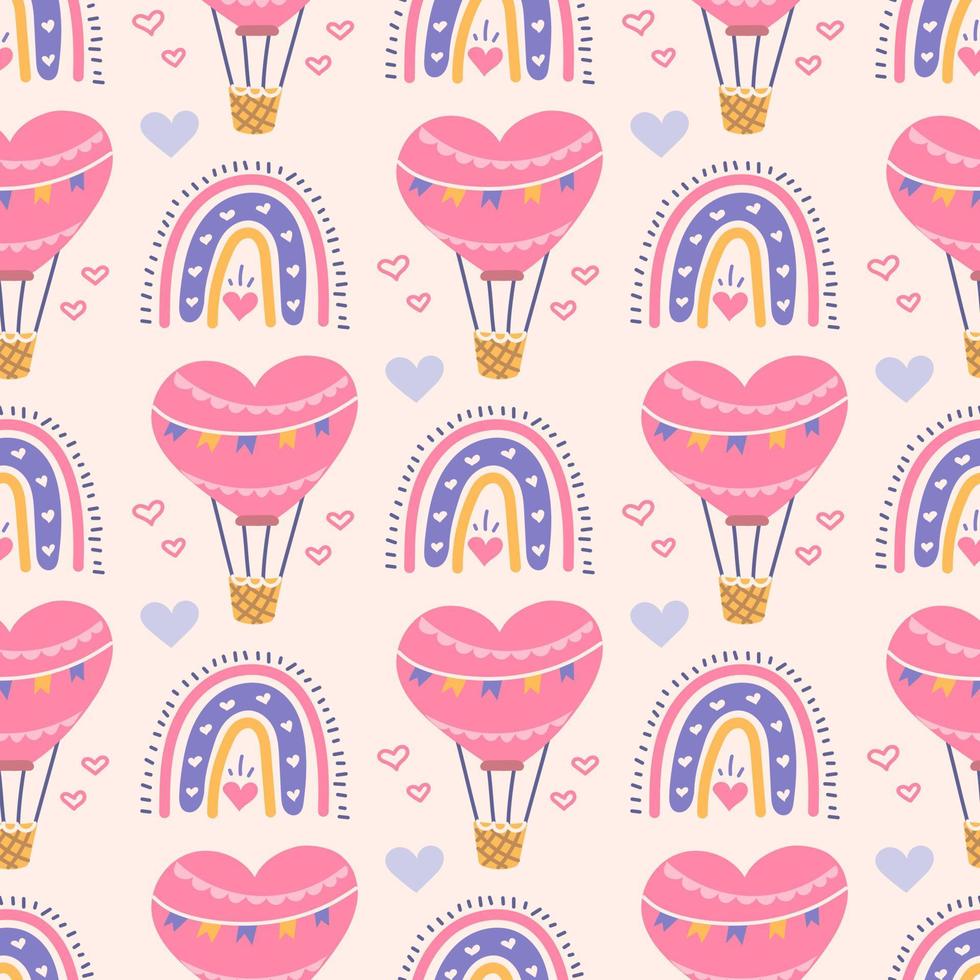 Heart shaped balloon, rainbow, vector seamless pattern for Valentines Day