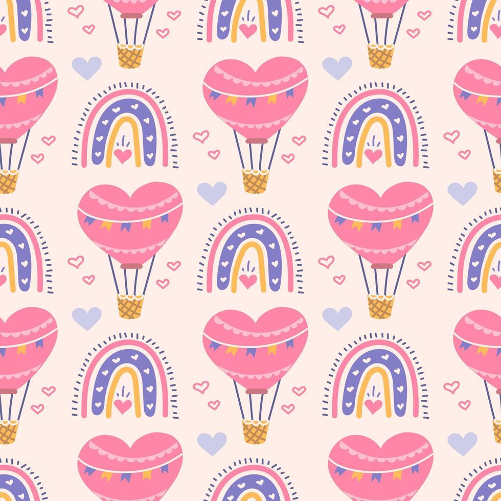 Heart shaped balloon, rainbow, vector seamless pattern for Valentines Day