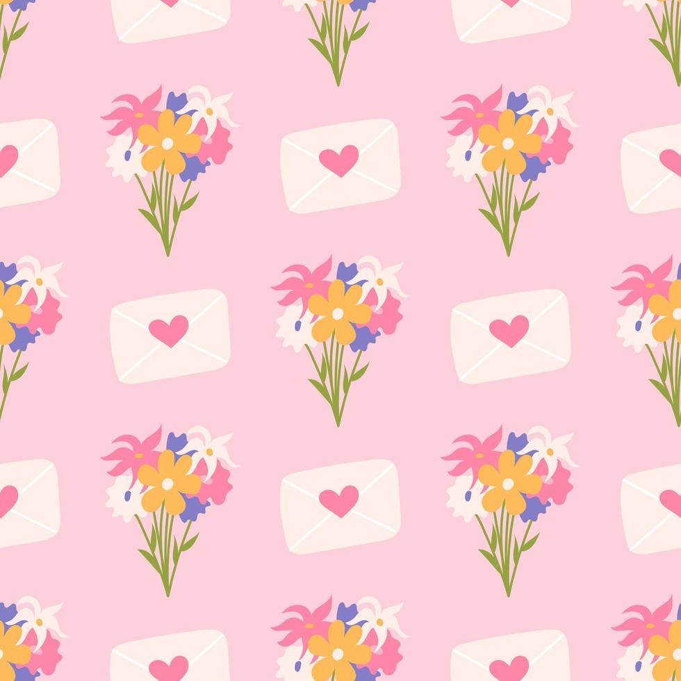 Bouquet of flowers with envelopes for Valentines Day, vector seamless pattern on pink background