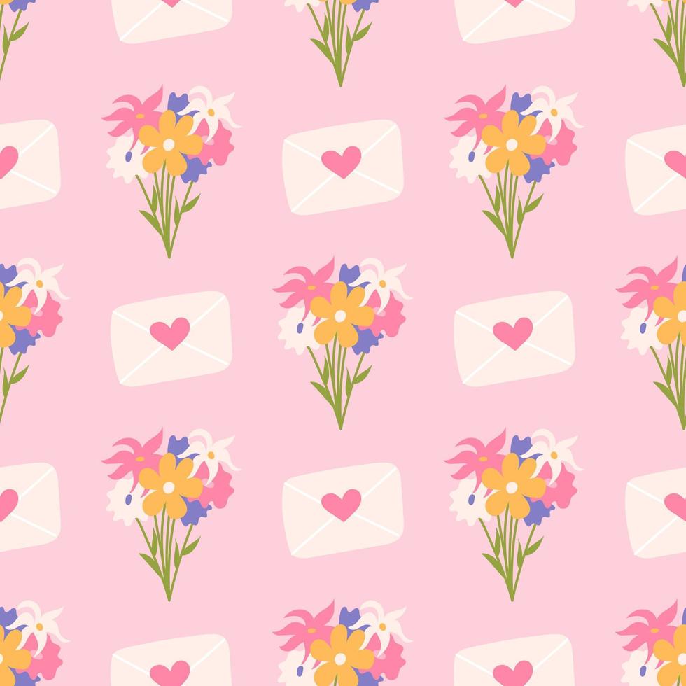 Bouquet of flowers with envelopes for Valentines Day, vector seamless pattern on pink background