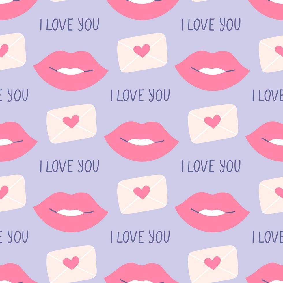 Lips kissing, declaration of love, valentine, vector seamless pattern in flat style