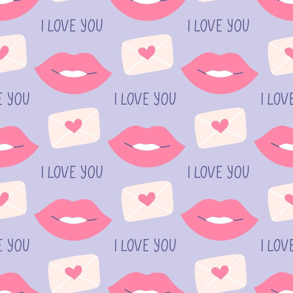 labios besándose, declaración de amor, san valentín, patrón vectorial sin fisuras en estilo plano vector