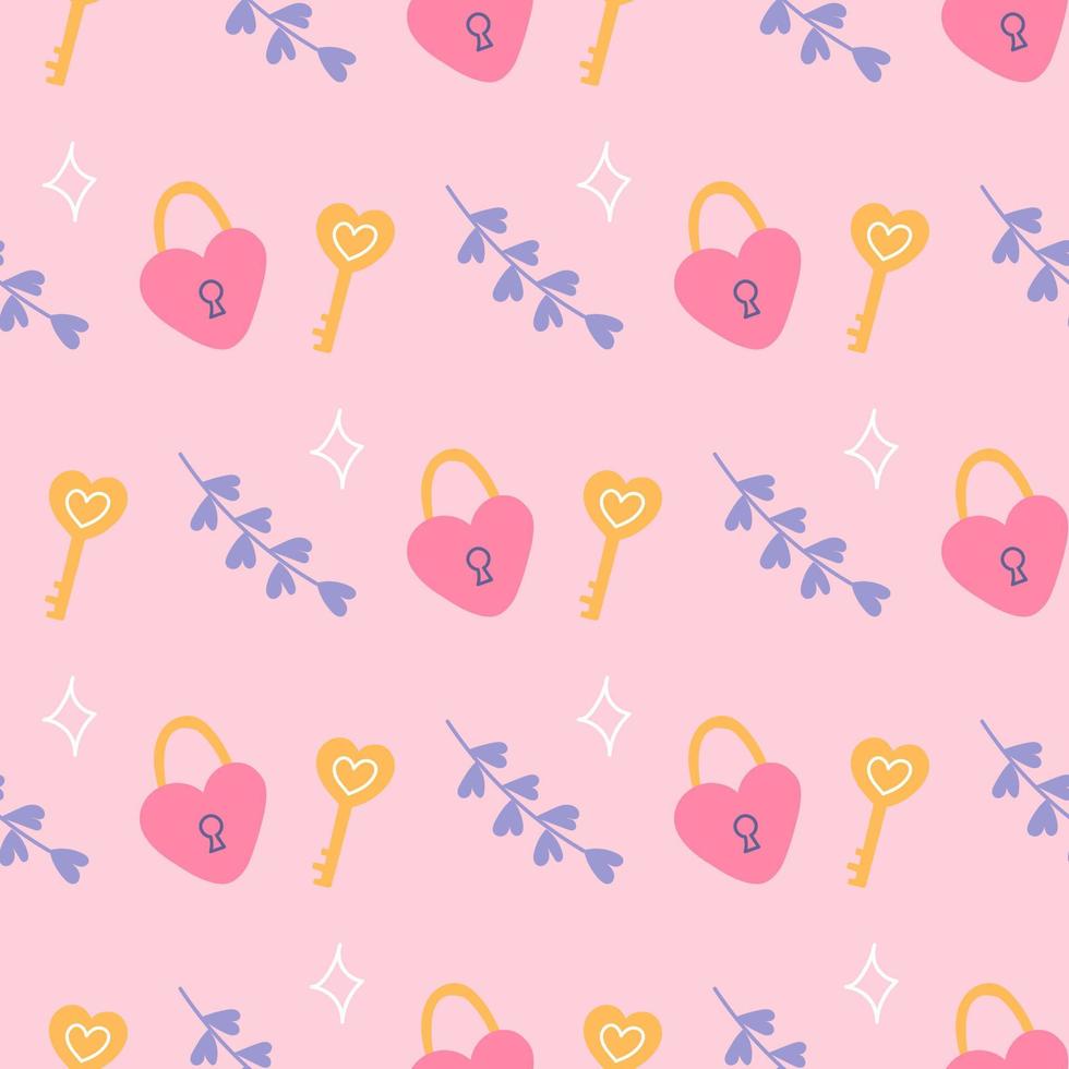 Heart shaped lock with key on pink background, vector seamless pattern for Valentines Day