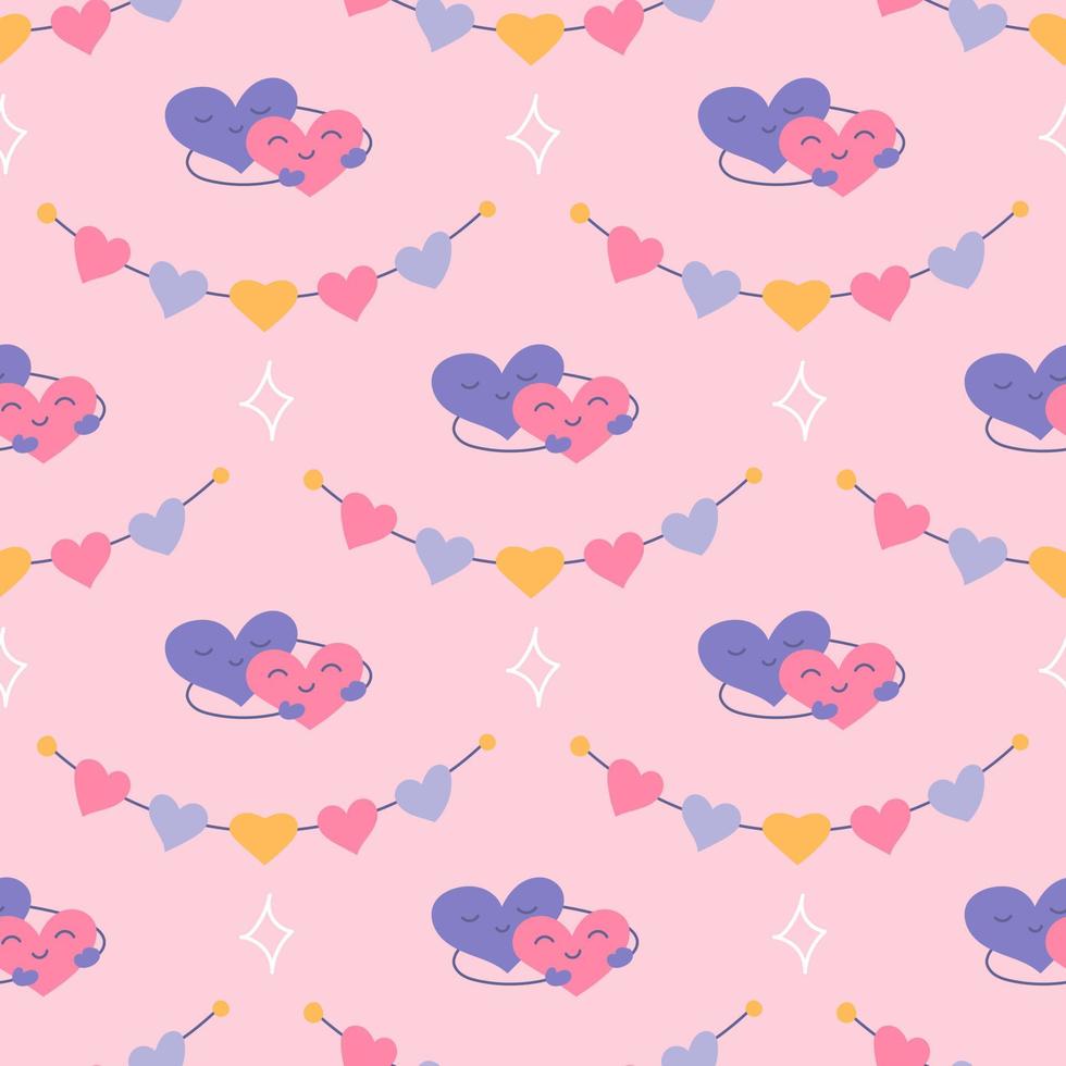 Hearts in an embrace and garland on pink background, vector seamless pattern for Valentines Day