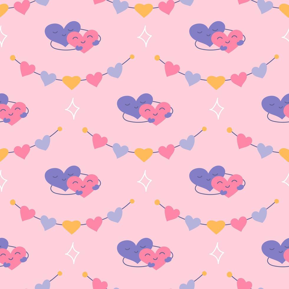 corazones en un abrazo y guirnaldas sobre fondo rosa, patrón vectorial sin fisuras para el día de San Valentín vector