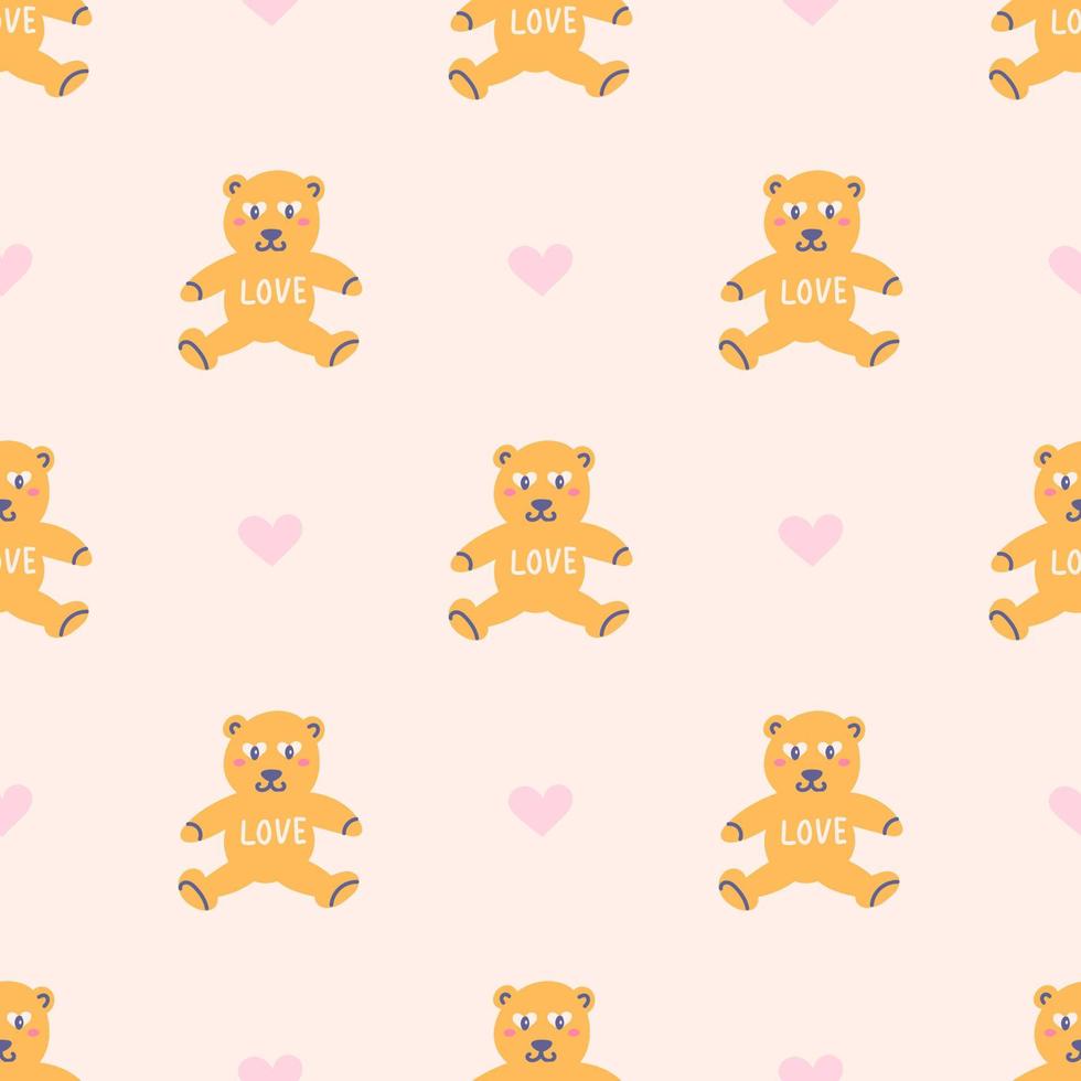Teddy bear with the inscription Love and hearts, vector seamless pattern for Valentines Day