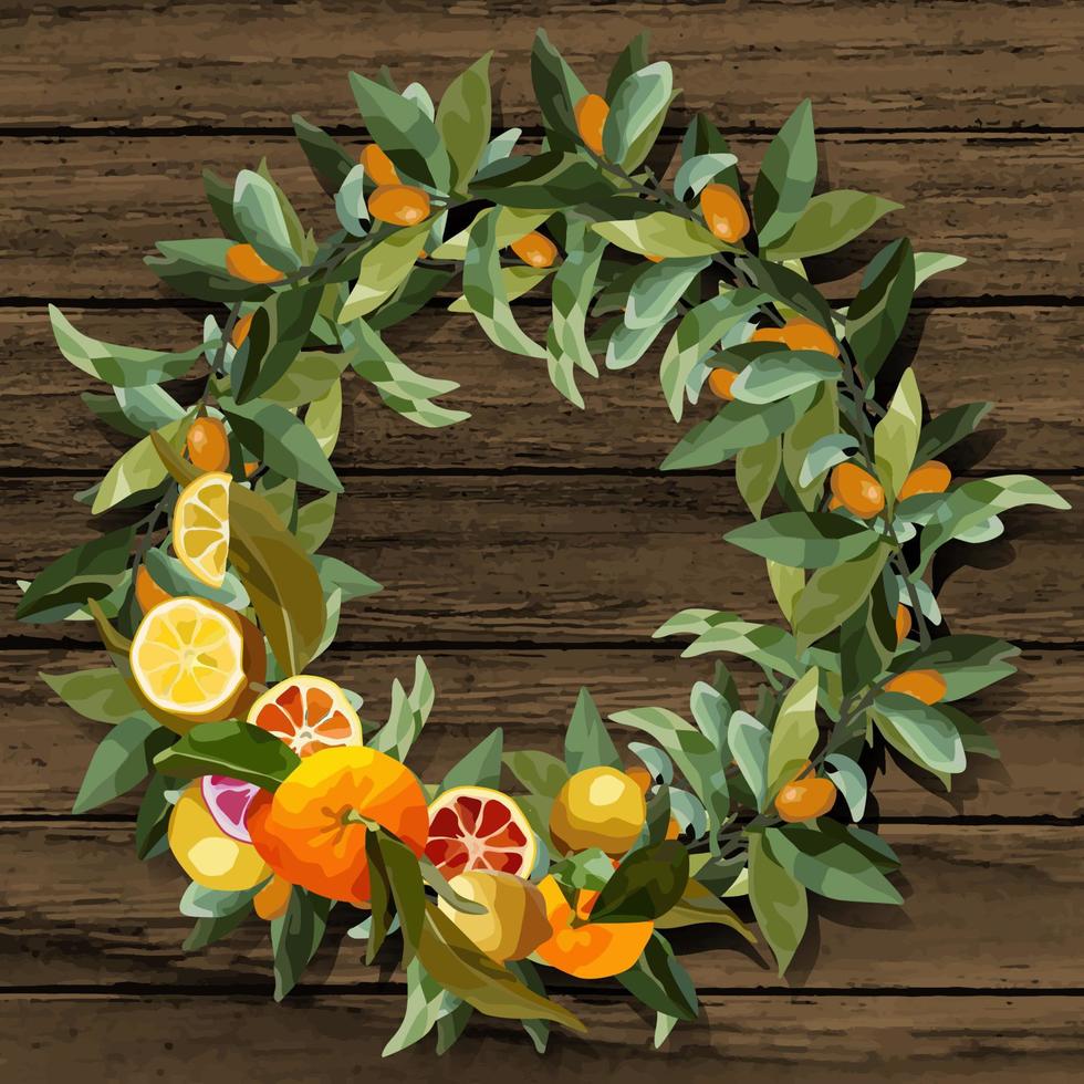 Round wreath of tangerine branches. vector