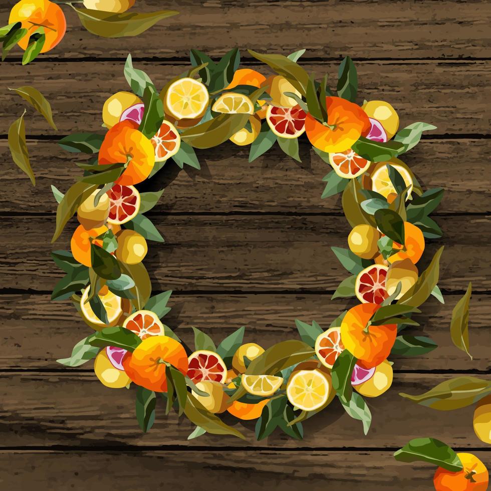 Round wreath of tangerine branches. vector