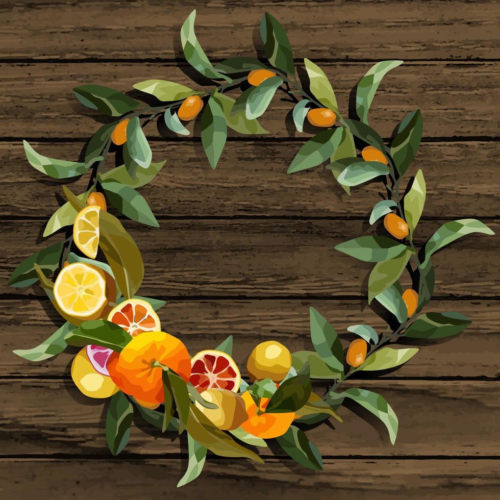 Round wreath of tangerine branches. vector