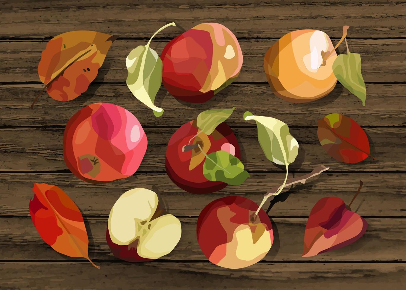 Vector set of apples whole and cut on wooden background