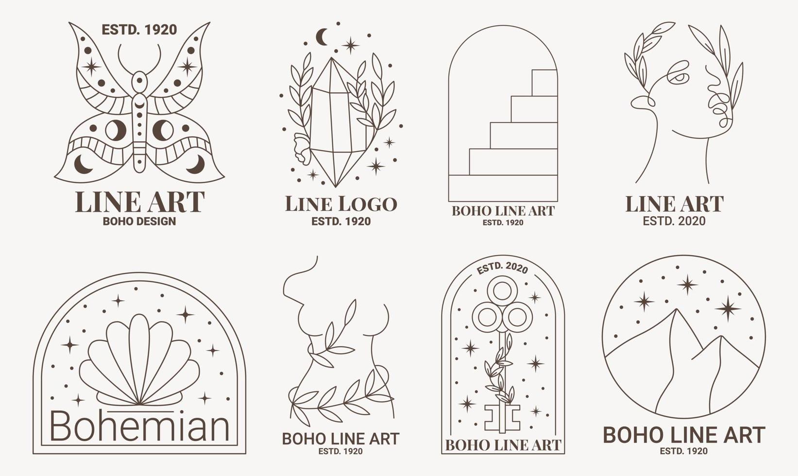 Boho mystic doodle esoteric logo set. Magic line art icon with butterfly, diamond, arch, woman body and face, key, mountain vector