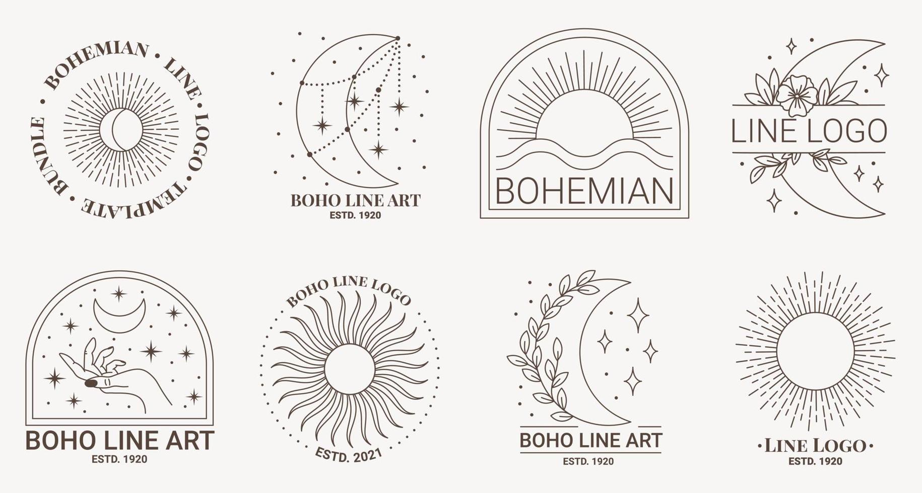 Boho mystic doodle esoteric logo set. Magic line art icon with sun, moon, floral line art vector