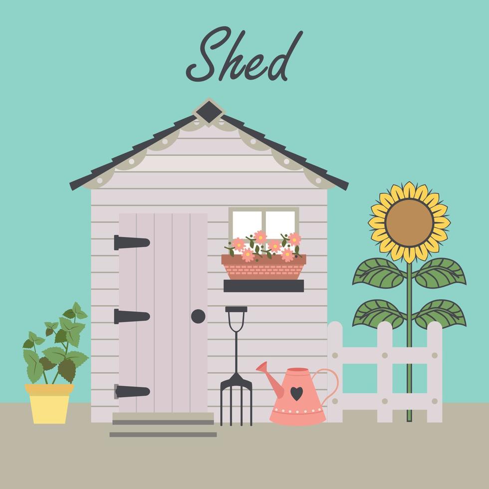 Card with garden shed fence sunflowers plants in pot watering can vector