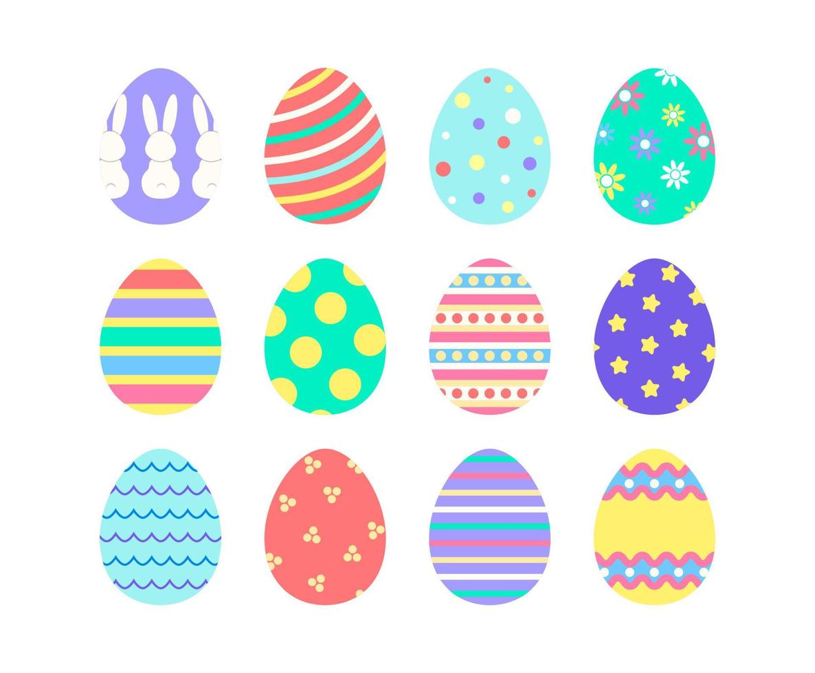 Colored flat easter eggs with funny patterns. Spring holiday set for decoration. Isolated vector icons on white background