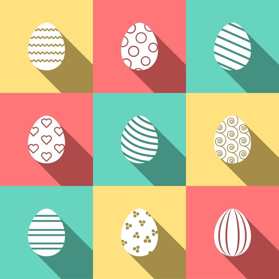 Glyph easter icons set. Vector white eggs collection on the colored background with long shadow. Spring holiday stamps