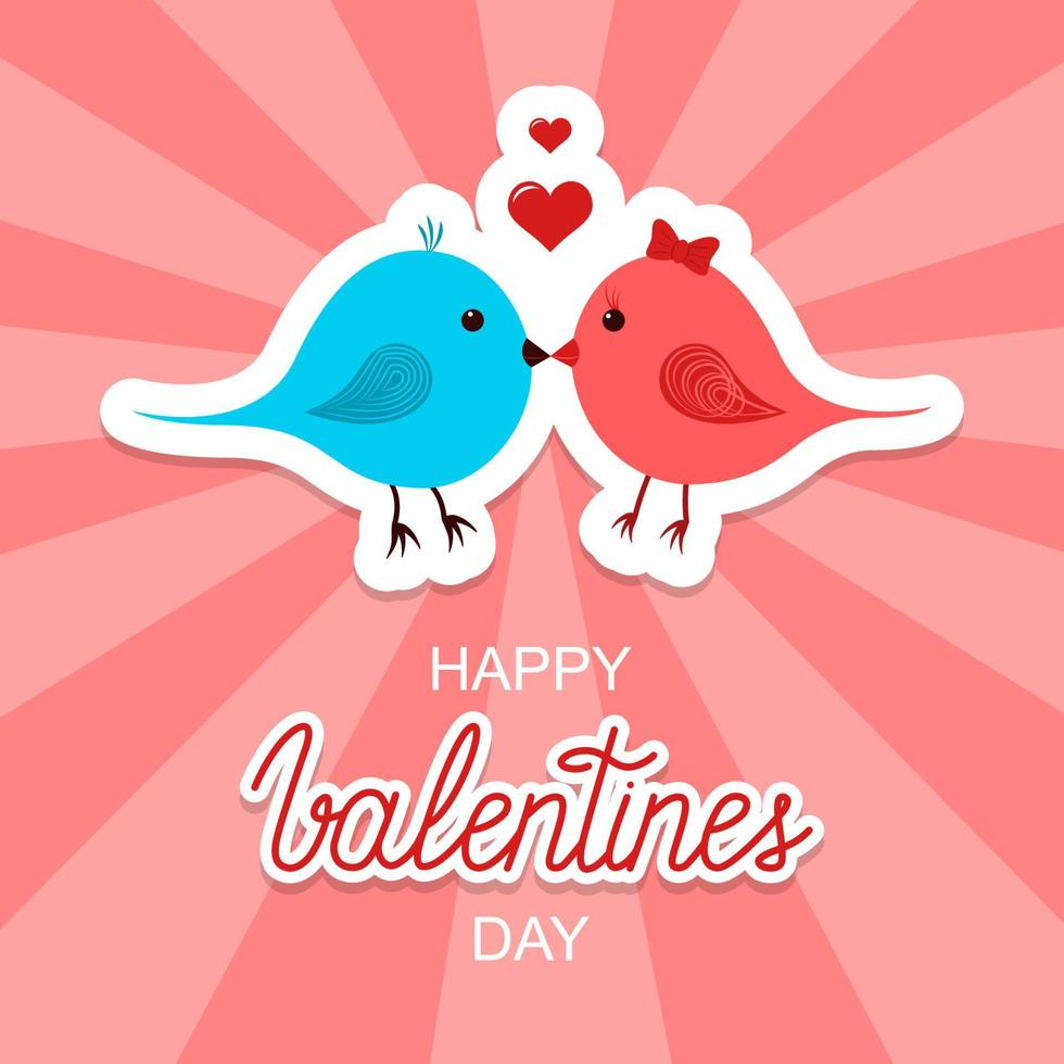Happy Valentines Day banner with kissing birds sticker. Retro postcard design for 14 February. vector
