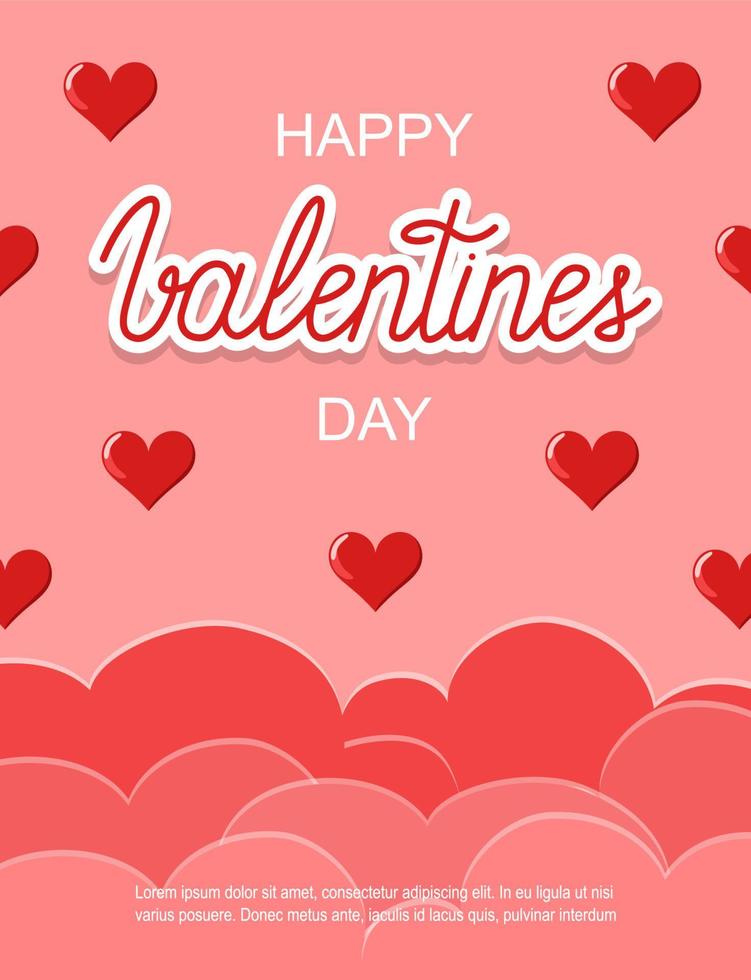 Happy Valentines Day banner. Clouds in paper cut style and glossy hearts. Hand drawn lettering sticker. 14 February celebration. vector