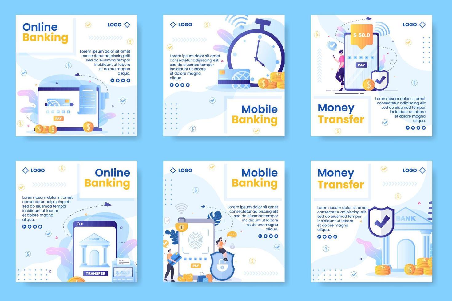 Online E-Banking App, Wallet or Bank Credit Card Post Template Flat Illustration Editable of Square Background for Transfer and Payment Social Media vector