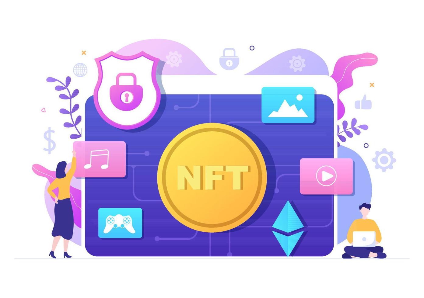 NFT Non Fungible Token Crypto Art of Converting Into Digital Network with Coin Servers for Banner or Poster in Flat Background Illustration vector