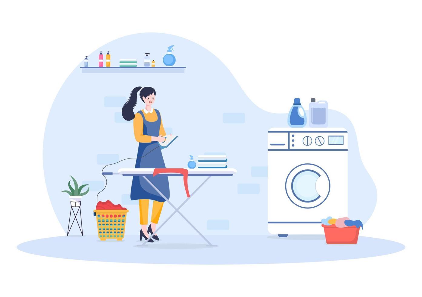 Laundry with Wash and Drying Machines in Flat Background Illustration. Dirty Cloth Lying in Basket and Women are Washing Clothes for Banner or Poster vector