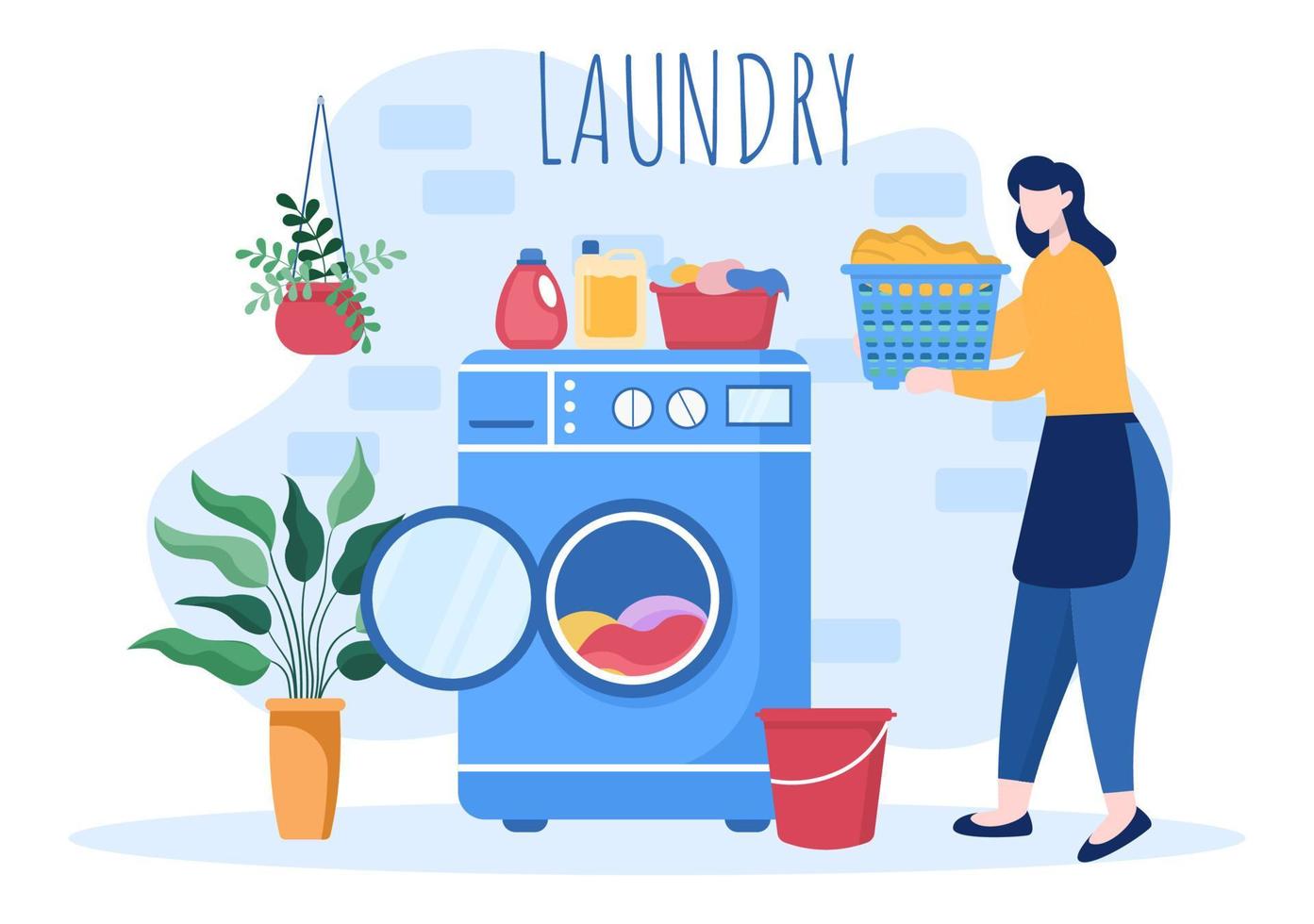 Laundry with Wash and Drying Machines in Flat Background Illustration. Dirty Cloth Lying in Basket and Women are Washing Clothes for Banner or Poster vector