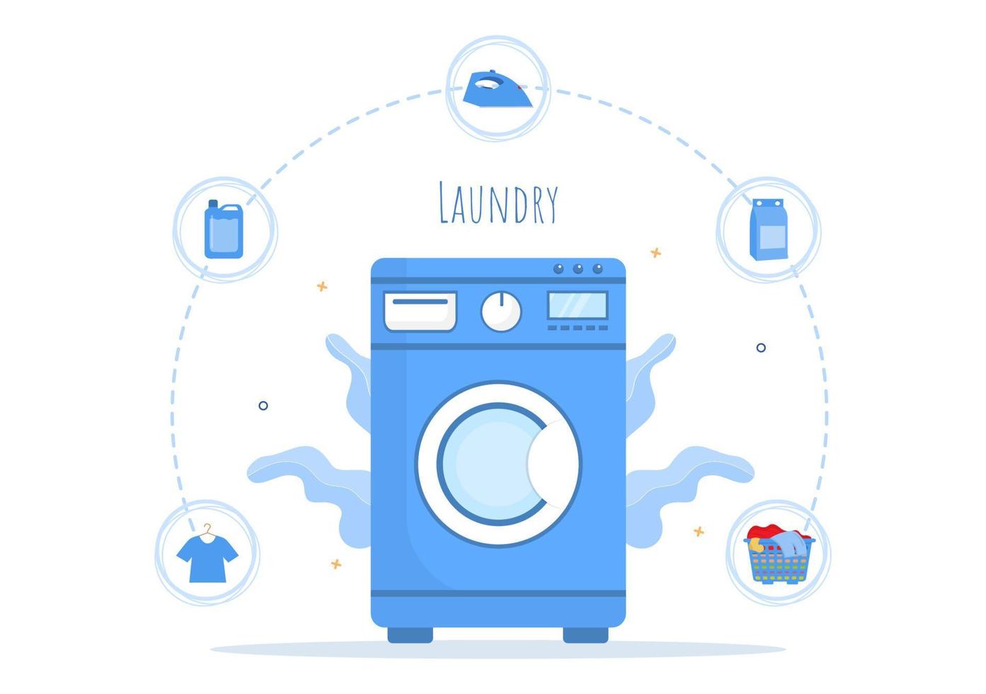 Laundry with Wash and Drying Machines in Flat Background Illustration. Dirty Cloth Lying in Basket and Women are Washing Clothes for Banner or Poster vector