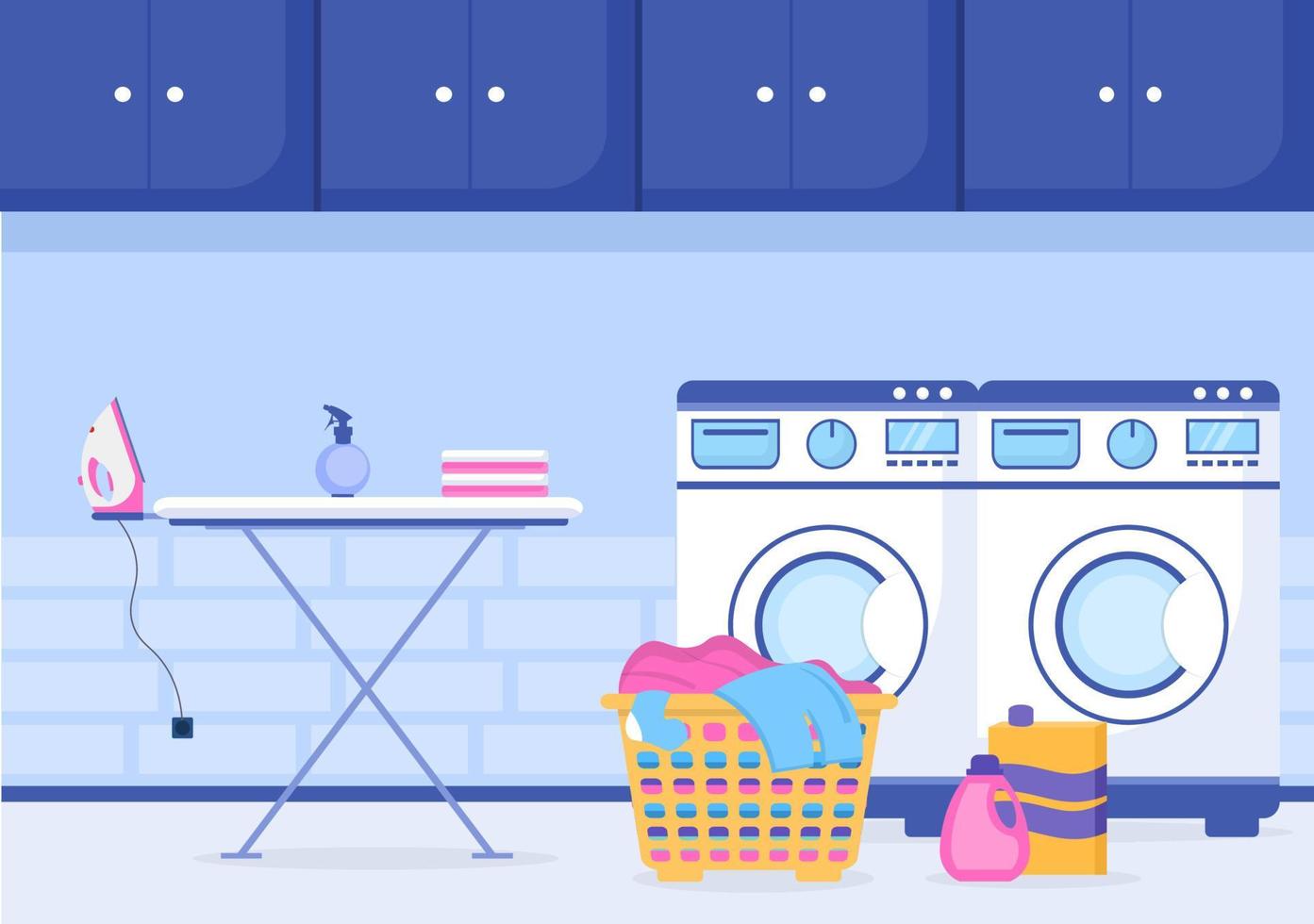 Laundry with Wash and Drying Machines in Flat Background Illustration. Dirty Cloth Lying in Basket and Women are Washing Clothes for Banner or Poster vector