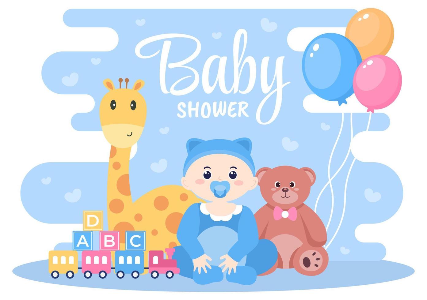 baby shower niño o niña con lindos juguetes y accesorios de diseño ilustración de fondo de bebés recién nacidos para invitaciones y tarjetas de felicitación vector