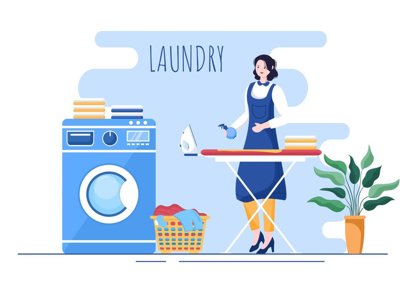 Laundry with Wash and Drying Machines in Flat Background Illustration. Dirty Cloth Lying in Basket and Women are Washing Clothes for Banner or Poster vector