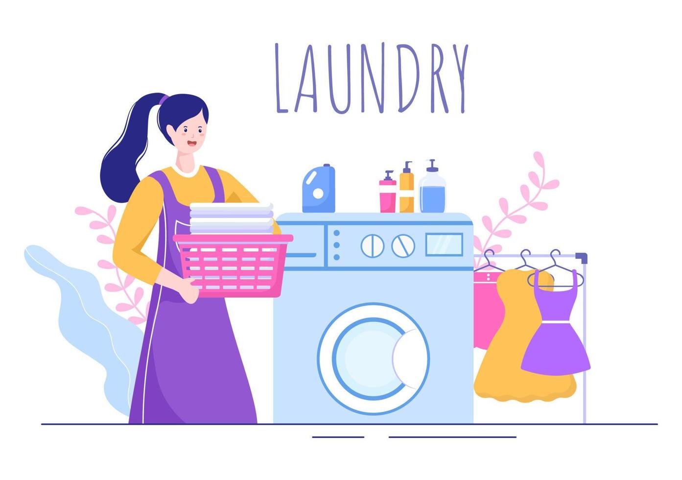 Laundry with Wash and Drying Machines in Flat Background Illustration. Dirty Cloth Lying in Basket and Women are Washing Clothes for Banner or Poster vector