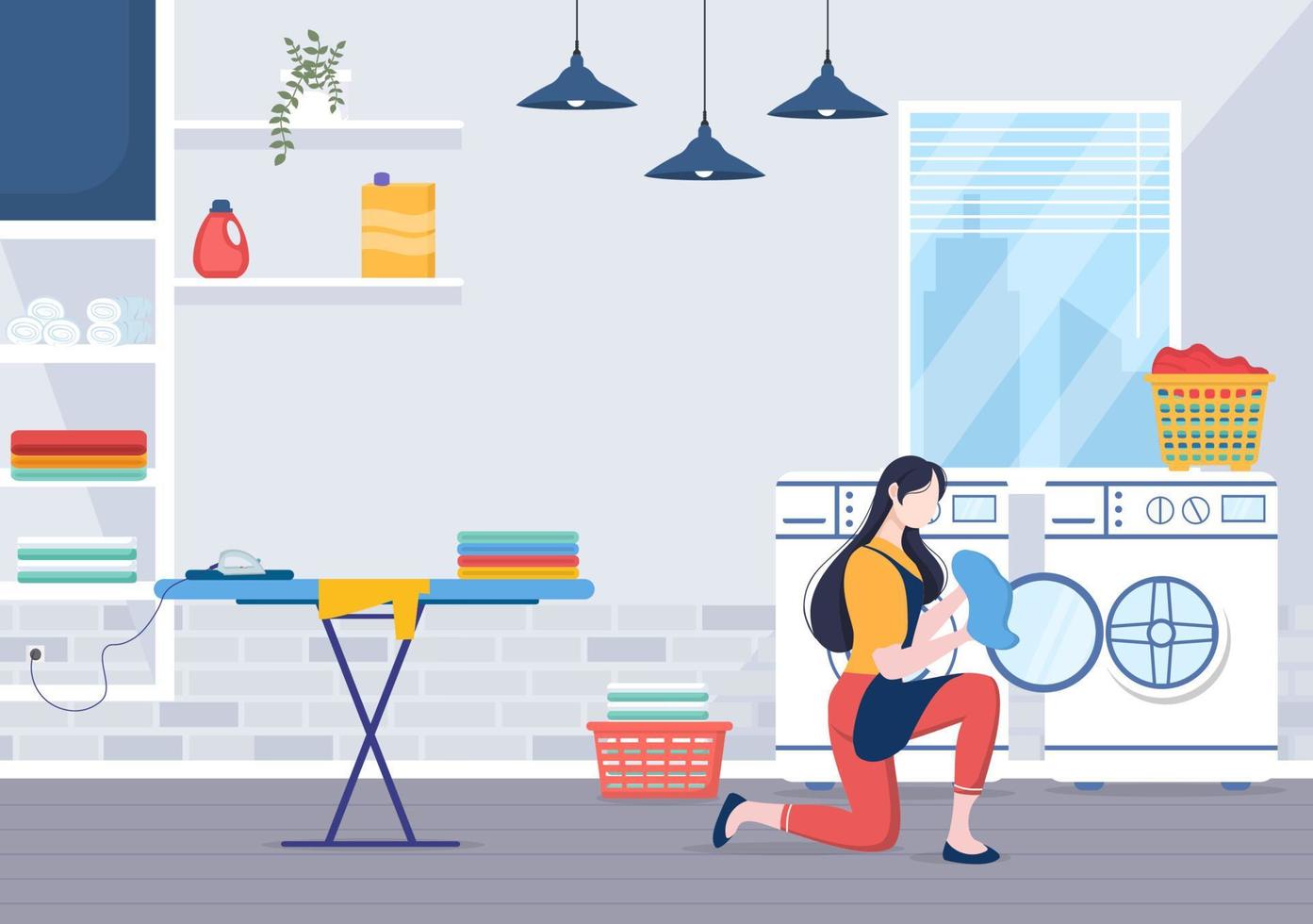 Laundry with Wash and Drying Machines in Flat Background Illustration. Dirty Cloth Lying in Basket and Women are Washing Clothes for Banner or Poster vector