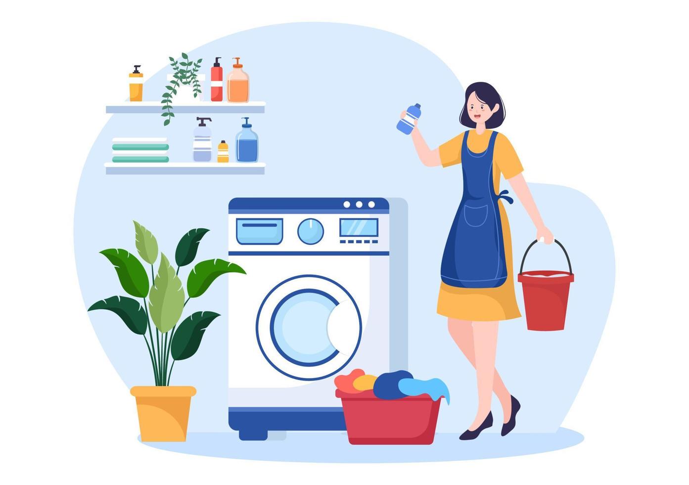 Laundry with Wash and Drying Machines in Flat Background Illustration. Dirty Cloth Lying in Basket and Women are Washing Clothes for Banner or Poster vector