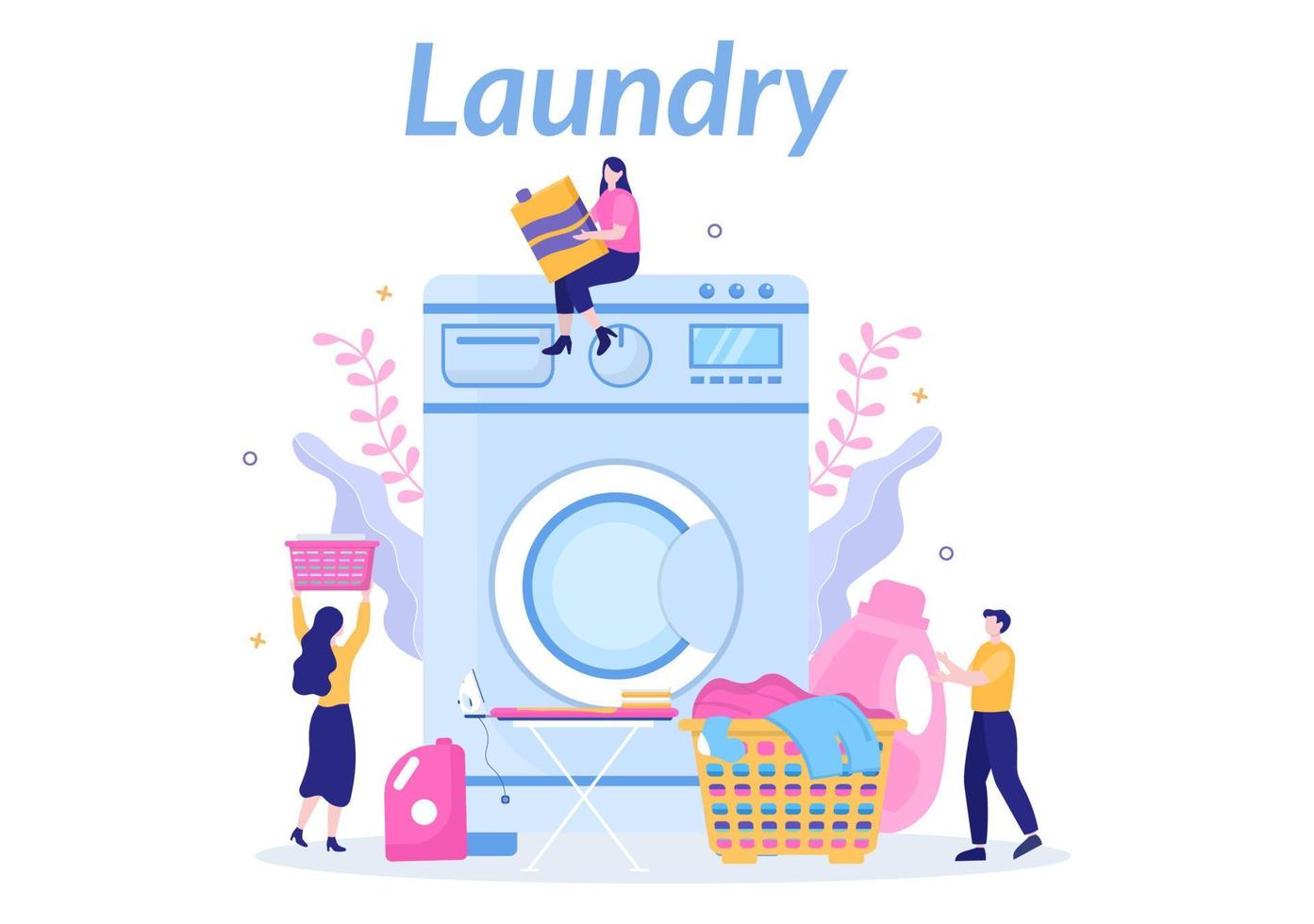 Laundry with Wash and Drying Machines in Flat Background Illustration. Dirty Cloth Lying in Basket and Women are Washing Clothes for Banner or Poster vector